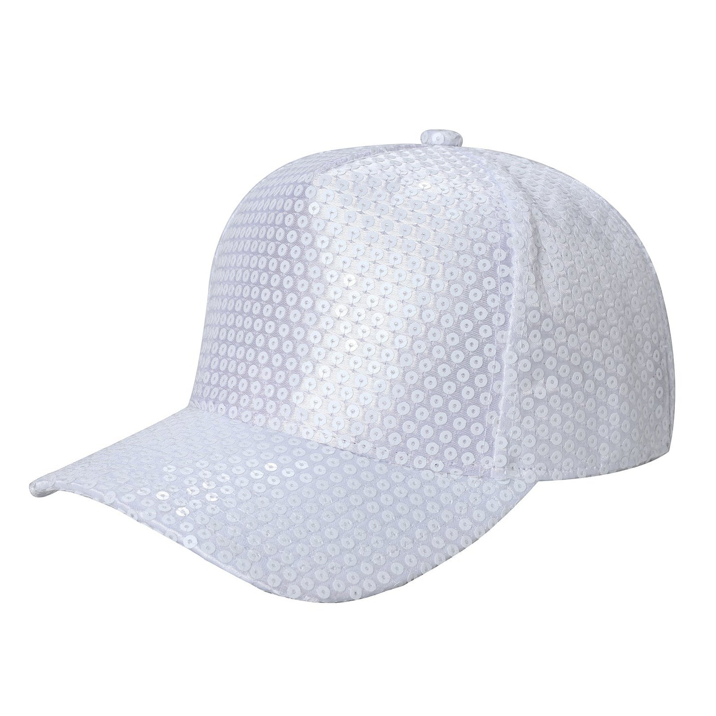 Waycap 5G Sequin Hat: White baseball cap covered in shimmering sequins, featuring an adjustable strap for a comfortable fit. Perfect for parties and festivals.