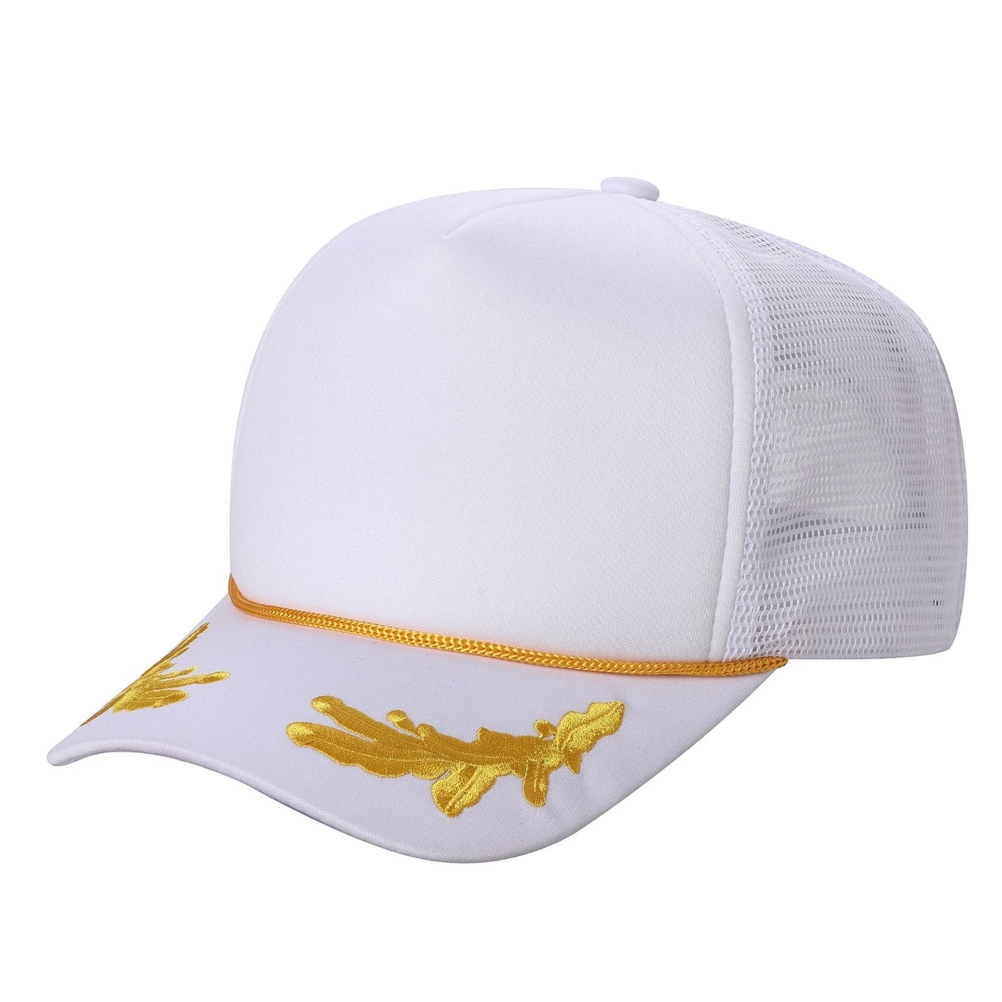 Waycap S.T.M. Sponge Captain white trucker cap with gold embroidery on brim and mesh back.