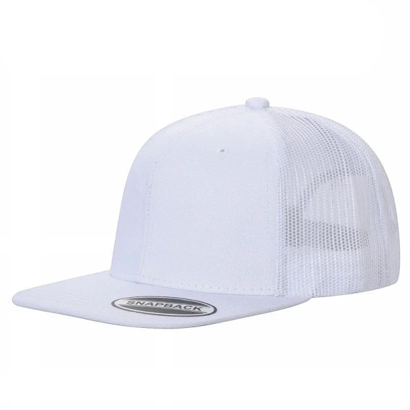 Waycap 6FTM white 6-panel flat bill trucker mesh hat with snapback closure