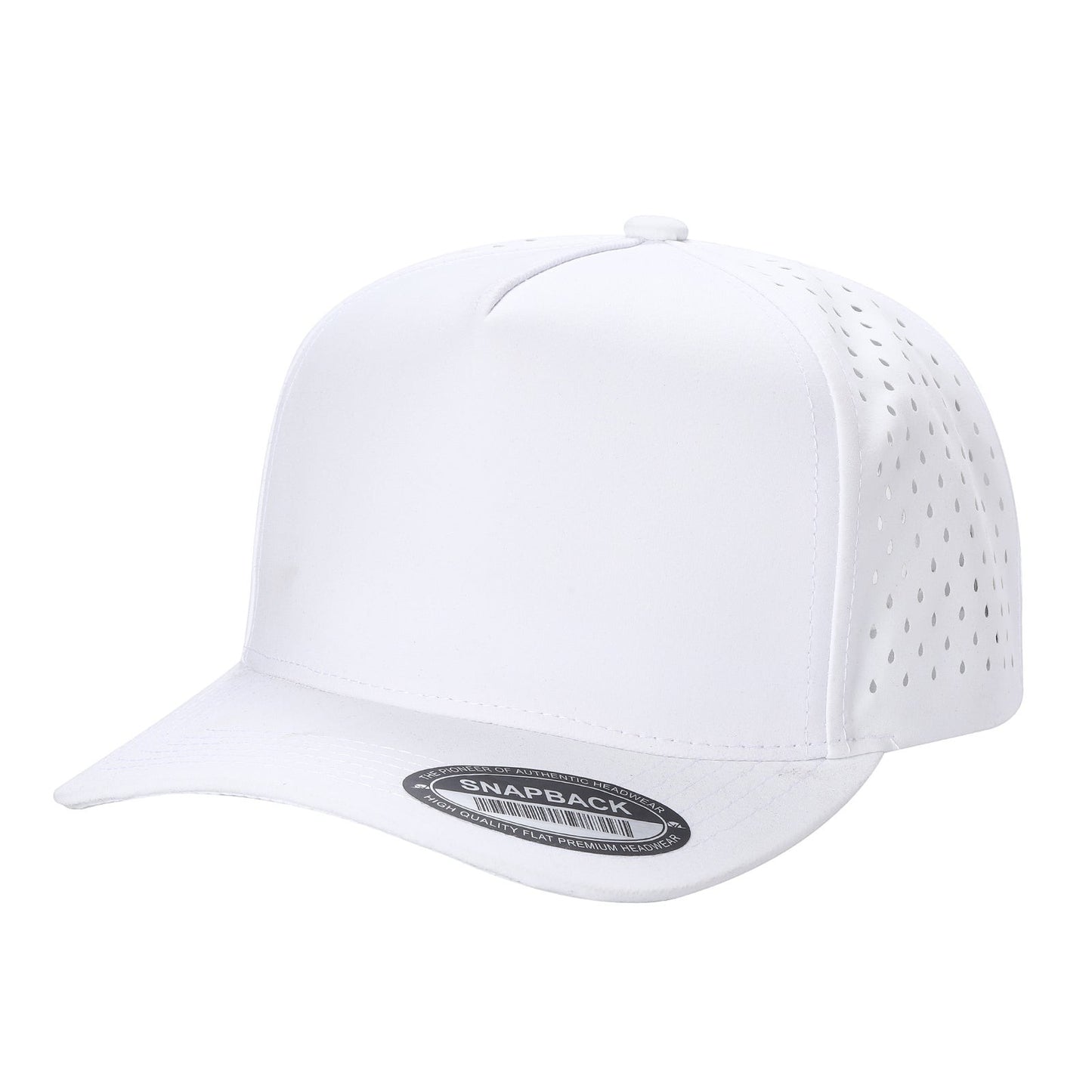Waycap 5LASER white 5-panel waterproof baseball cap with perforated side panels and flat brim.